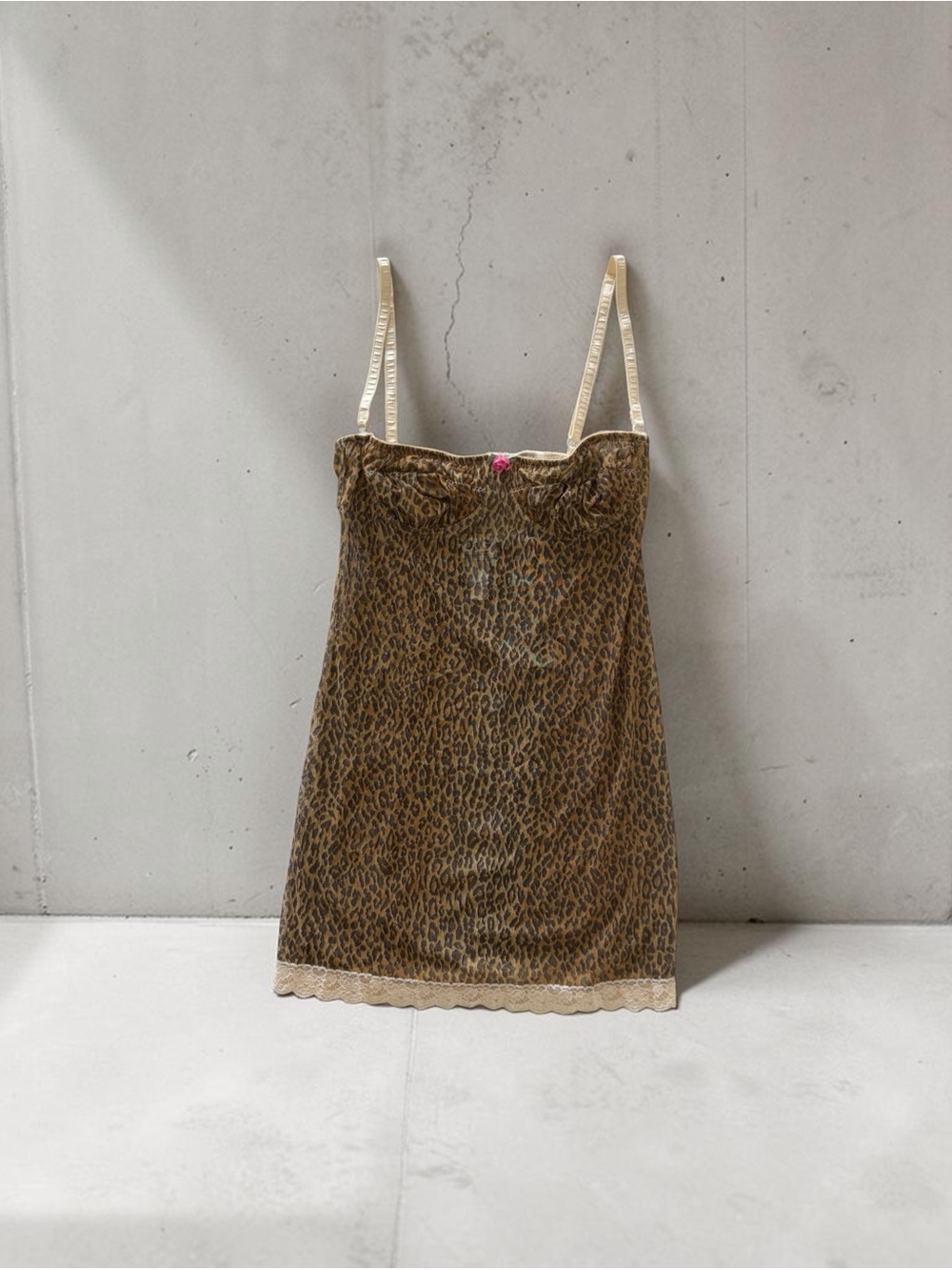 Y2K Rare VibtageLeopard Print Slip Dress with Lace Trim - Brown